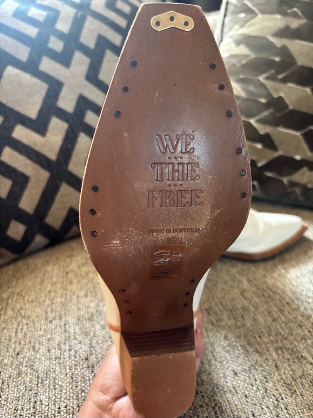 We The Free Cream Leather Western Ankle Boots with Tan Trim - Picture 7 of 14
